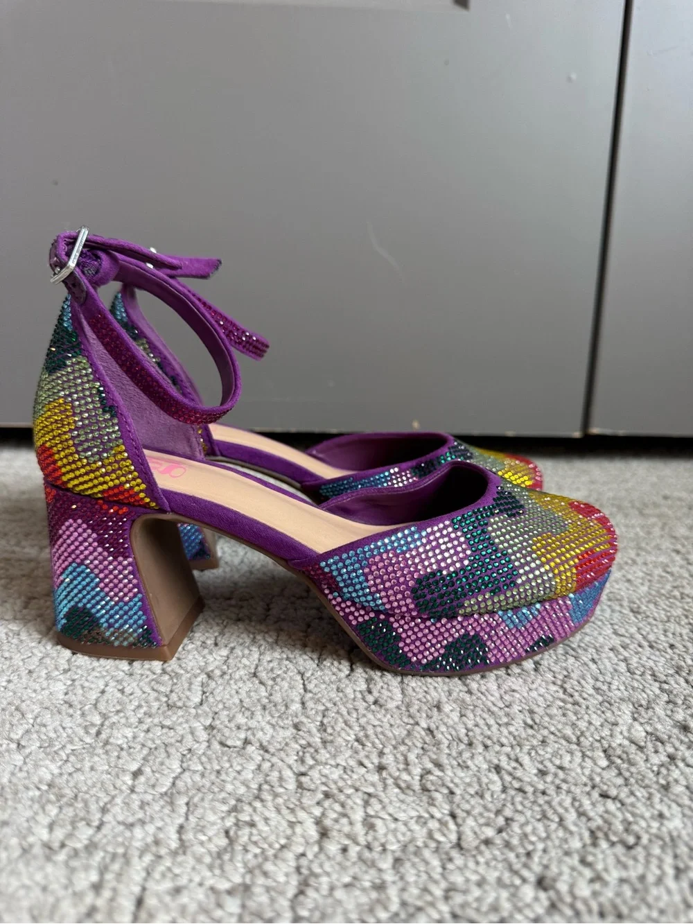 GB Girls Purple Rainbow Rhinestone Platform Block Heel Ankle Strap Shoes 1m